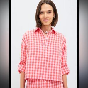 NWT Tuckernuck Womens Seersucker Blouse Shirt Pink Orange Augustus Medium Resort